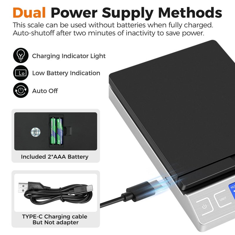 TIPRE Digital Shipping Postal Scale, Mail Scale with Envelope Flip Holder, 66lb/0.1oz Postage Scale for Package, Small Business, Post Office, Hold&Tare Function, Battery&Type-C Charging Cable - Silver - Image 5